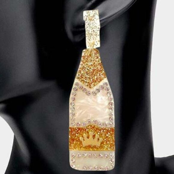 Champagne Bottle White Glittered Acetate Dangle Earrings - Picture 2 of 7